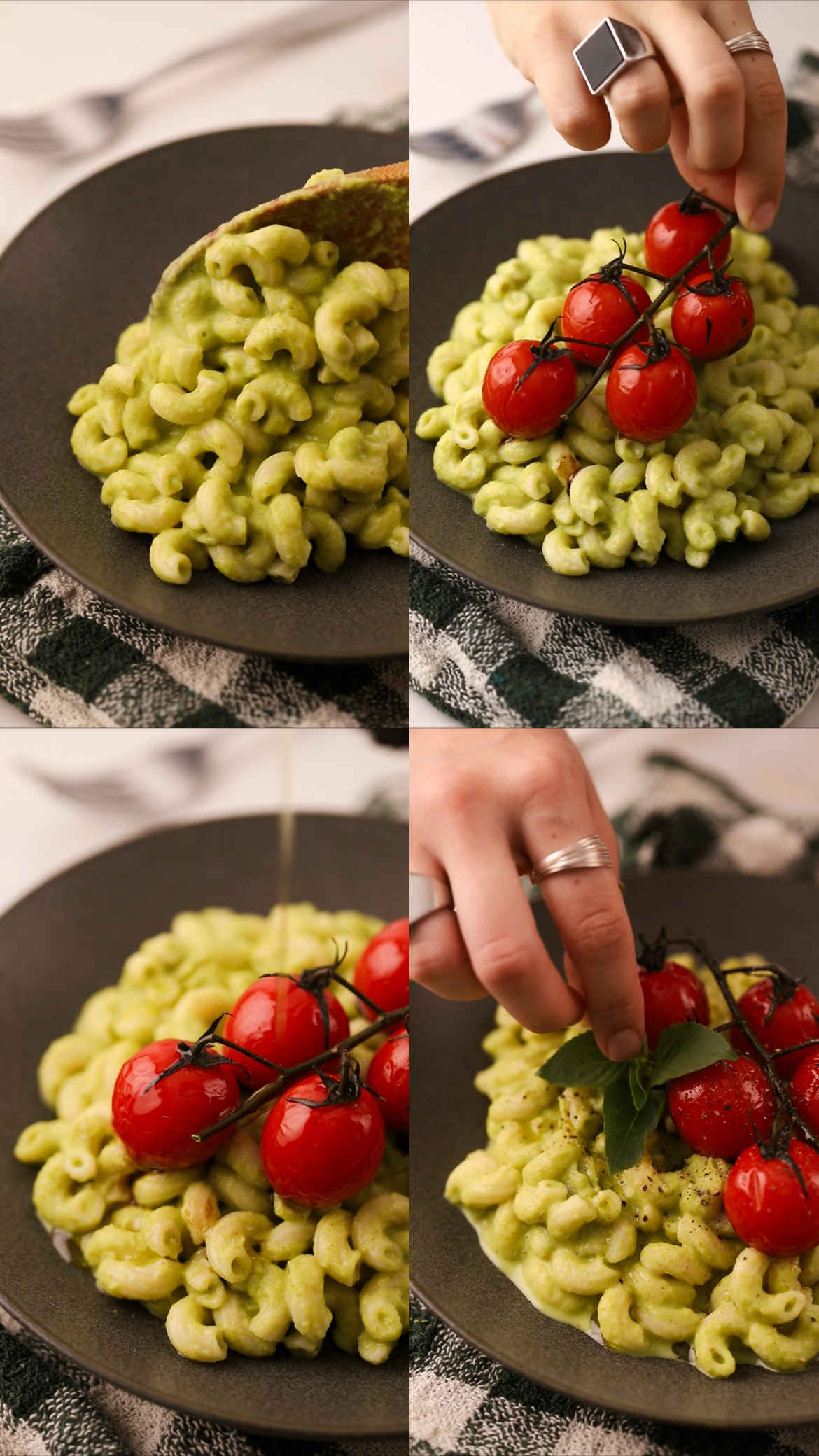 macarrão verde com molho de vegetais servido com tomates assados